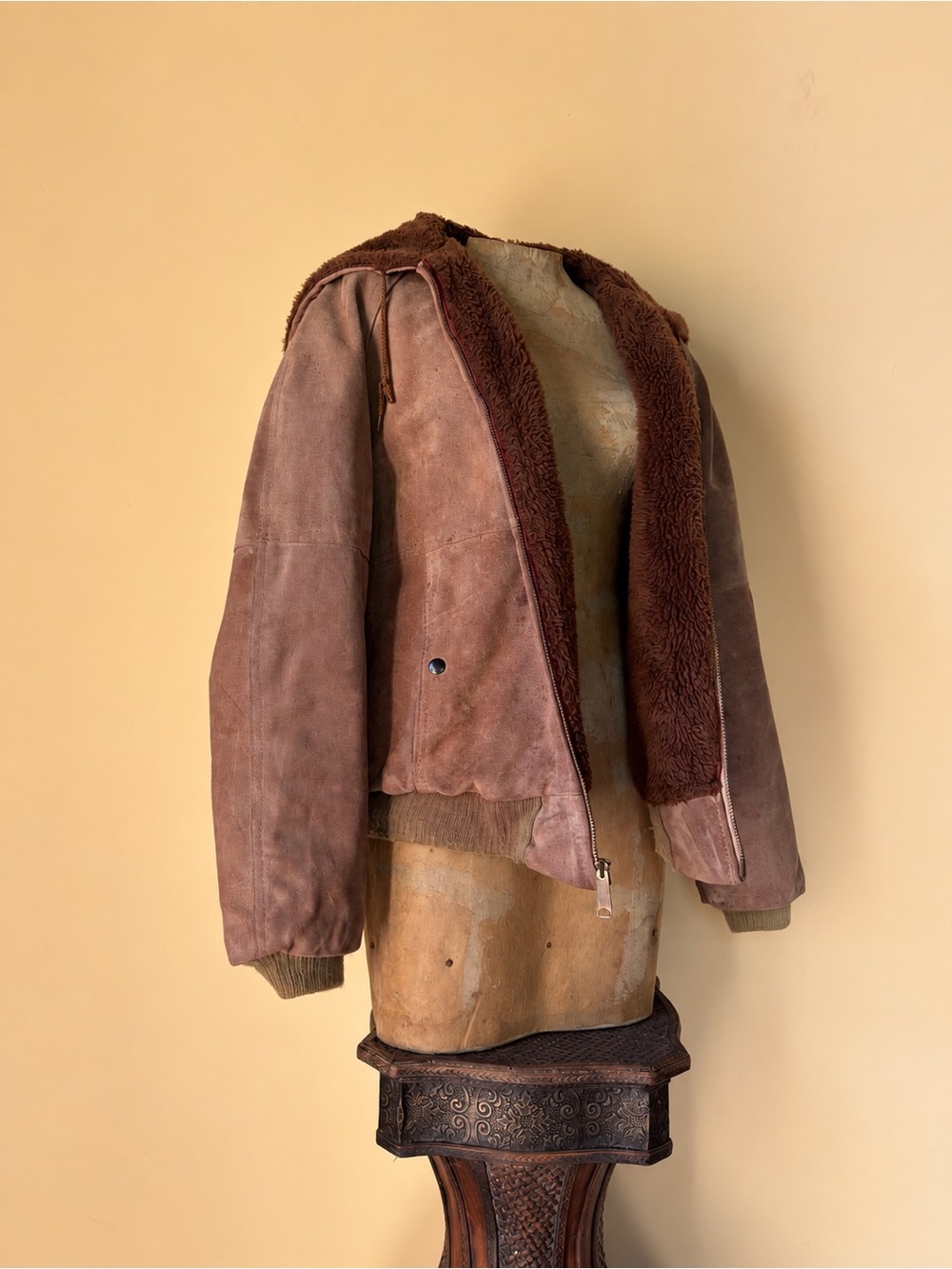 Vtg 70s Sears Leather Shop Distressed Suede Sherpa Bomber Jacker Workwear